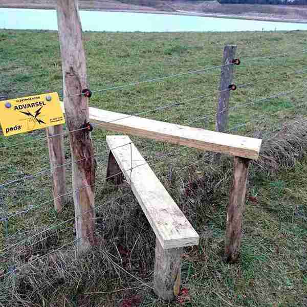 Eine Treppe ermöglicht es, auf die andere Seite eines Elektrozauns zu gelangen.