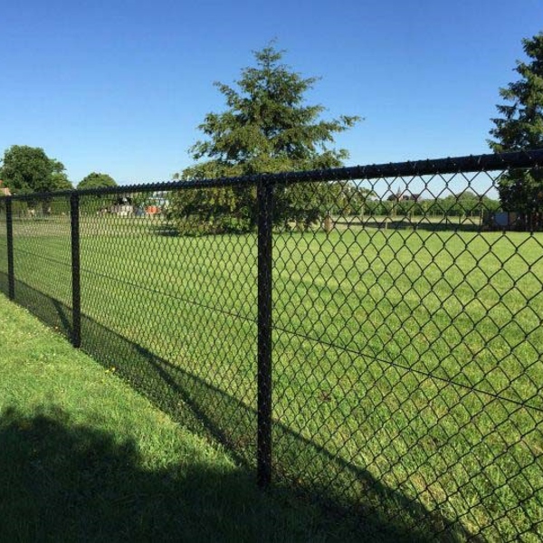 Ein Maschendrahtzaun in einem Garten mit grünem Gras.